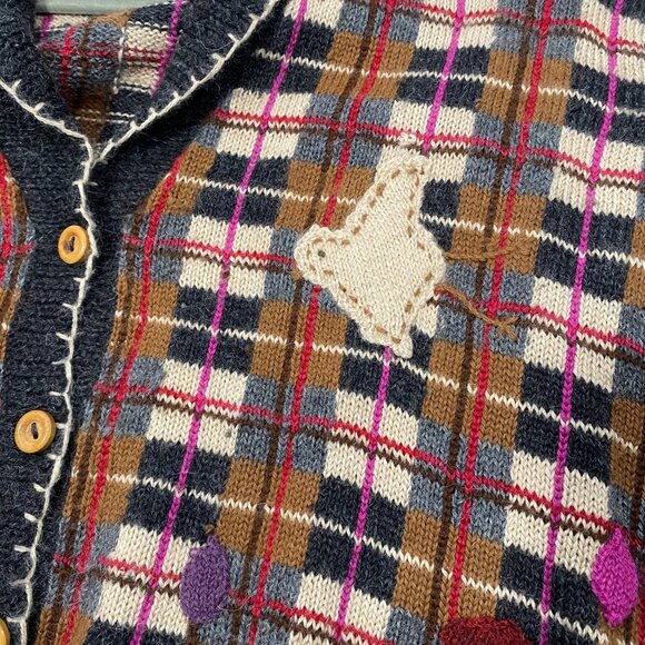 Nan Hadden Woolies Handknits embroidery Floral Plaid Cardigan Sweater W/chick L - Picture 6 of 9